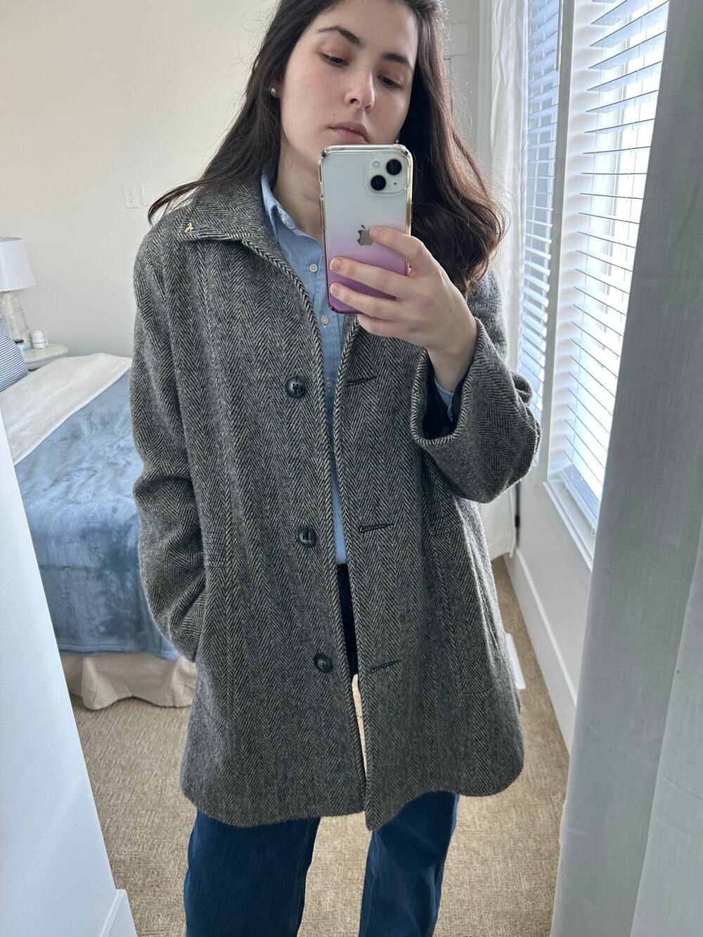 Vntage Herman Kay Wool Blend Gray Herringbone structured pea coat M-L